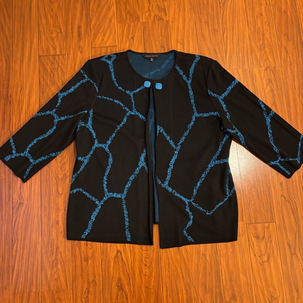 Ming Wang Black Cardigan Blue Graphic Design Womens XL